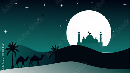 Desert night with mosque and camels