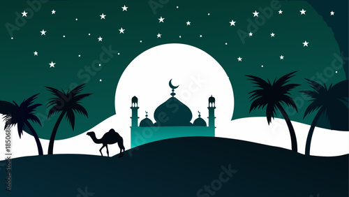 Desert night with camel and mosque
