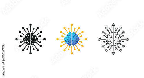 Artificial intelligence brain network icon set in solid, color, and outline styles
