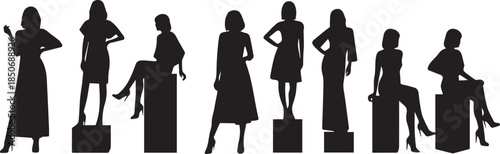 Silhouettes of women in various poses with luggage