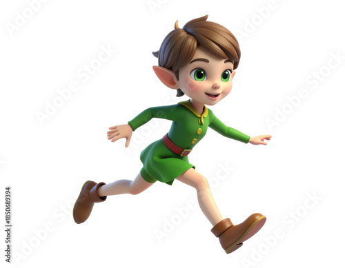 Playful Young Elf Boy Running Joyfully in a Green Outfit on a Transparent Background