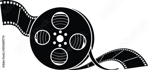 A vintage cinema film reel and old movie roll strip object isolated on white background as a retro video equipment illustration