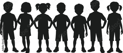 Children silhouettes, diverse kids, standing row, casual stance, unity concept, diversity illustration, educational design, vector art, CAD drawing flat illustration