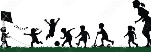 Children silhouettes, outdoor play, flying kite, running, jumping, ball kicking, scooter riding, caregiver supervision, joyful activity, CAD drawing flat illustration