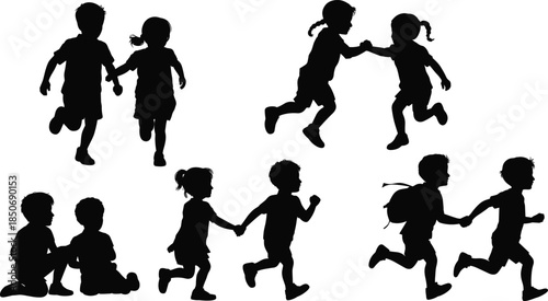 Children silhouettes, pairs activities, running, walking hand in hand, sitting, jumping, playful poses, childhood fun, vector art, CAD drawing flat illustration