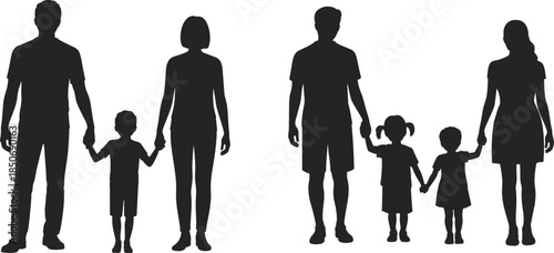 Family silhouettes, parents with children, unity concept, diverse family structures, support, love, togetherness, vector art, CAD drawing flat illustration