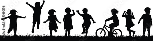 Happy children playing silhouette scene, kids jumping running cycling together, joyful outdoor childhood activities, black vector illustration isolated on white