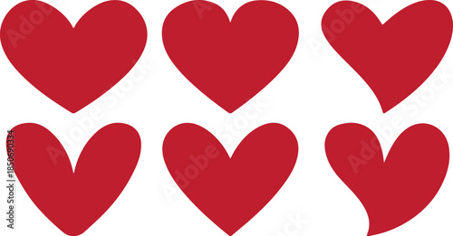 Six red heart shapes in a cute hand-drawn doodle style with bright flat color for Valentines Day design.