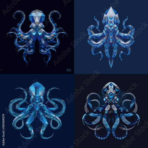 Glowing crystalline octopus illustrations with translucent tentacles and icy blue tones creating a mystical underwater fantasy creature aesthetic.