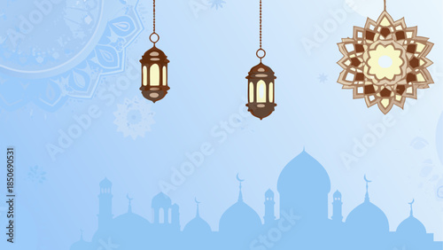 Celebrating eid with hanging lanterns and mosque silhouettes