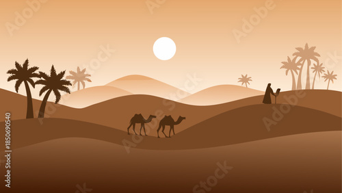 Desert sunset with camels and palm trees