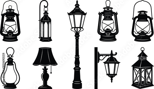 Lamp silhouettes, lantern designs, street lamps, table lamp, wall lanterns, traditional lighting, decorative fixtures, vector art, CAD drawing flat illustration