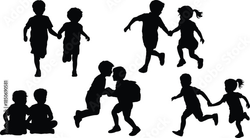Kids playing silhouette collection, happy children running holding hands, friendship childhood activities, black vector illustration isolated