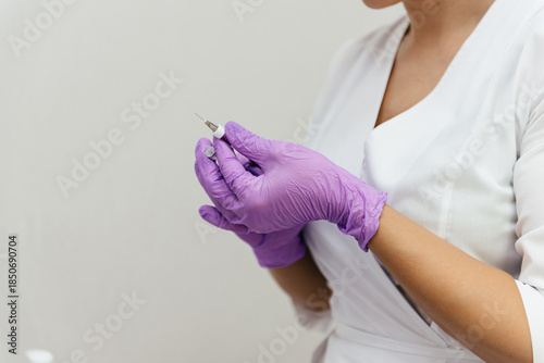 Doctor, nurse, scientist hand in blue gloves holding flu, measles, coronavirus, covid-19 vaccine disease preparing for child, baby, adult, man and woman vaccination shot, medicine and drug concept.