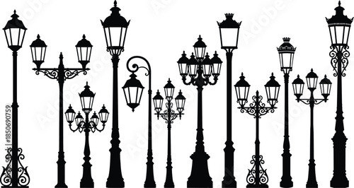 Street lamp silhouettes, ornate designs, vintage lighting, decorative poles, classical scrollwork, crowns, finials, urban architecture, CAD drawing flat illustration