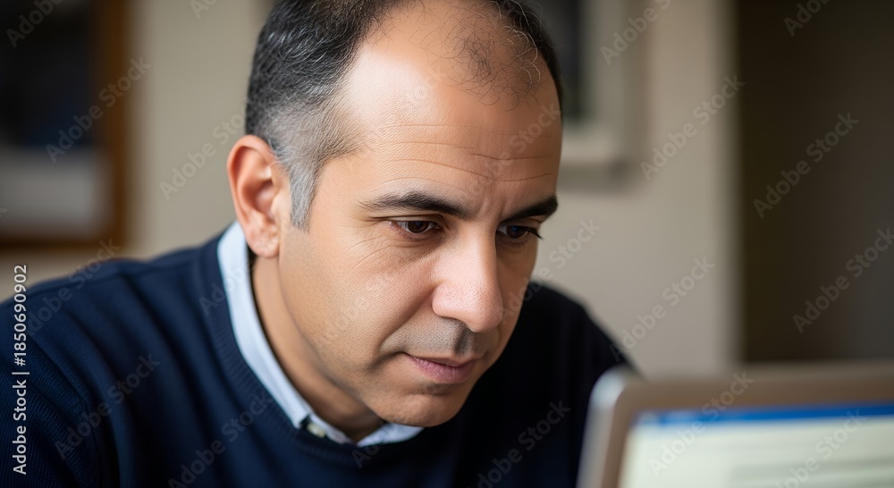 Obraz premium Middle-aged man working diligently on laptop at home office 