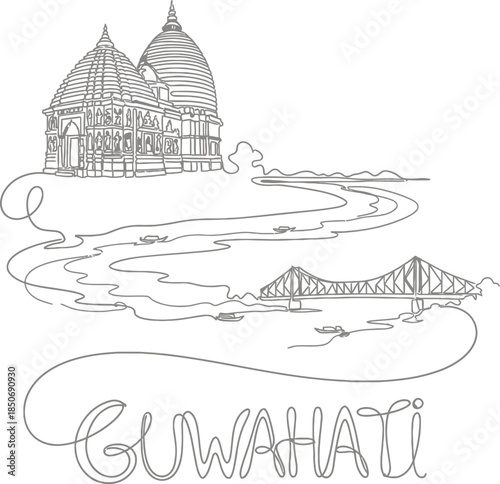 Kamakhya temple and Guwahati city landmarks line art vector illustration