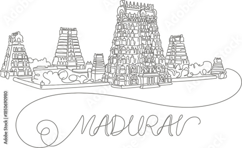 Madurai Meenakshi Temple skyline one line art vector illustration