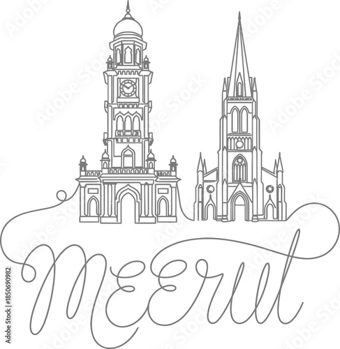 Meerut city landmarks minimalist vector line art illustration