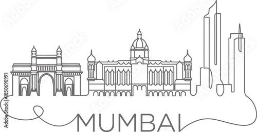 Mumbai skyline landmarks minimalist continuous line vector illustration