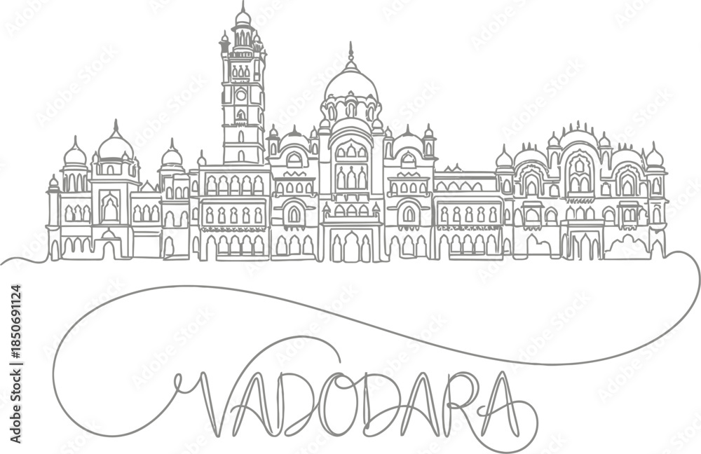 Fototapeta premium Vadodara city landmark skyline continuous line drawing vector illustration