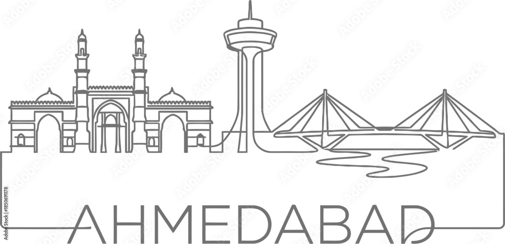 Fototapeta premium Ahmedabad city skyline landmarks minimalist line art vector illustration