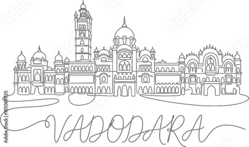 Vadodara skyline and Laxmi Vilas Palace continuous line drawing vector