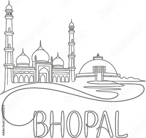 Bhopal city landmarks line art vector illustration