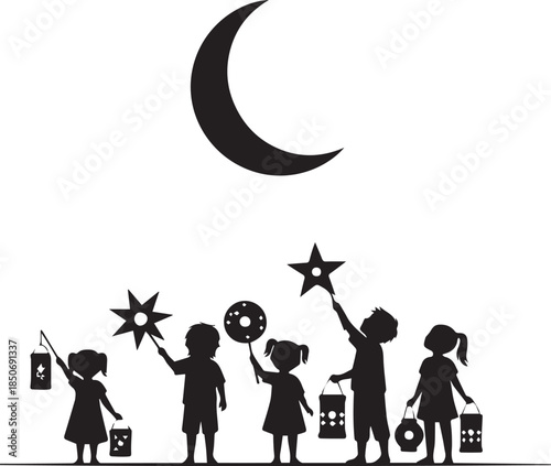 Children silhouettes holding lanterns and reaching for the crescent moon