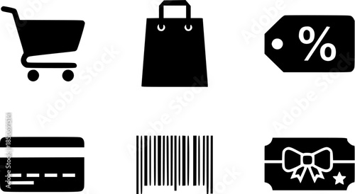 Shopping icons collection featuring cart, bag, and discount symbols with payment and barcode elements