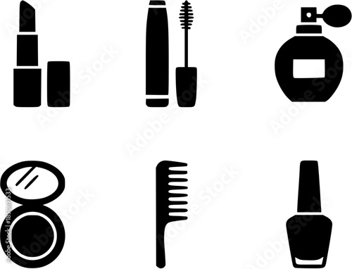 Collection of beauty products and tools for personal grooming and cosmetics displayed