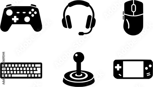 Collection of gaming icons displayed on a clean white background showcasing modern gaming accessories