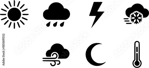 Various weather icons representing different conditions such as sunshine, rain, and wind