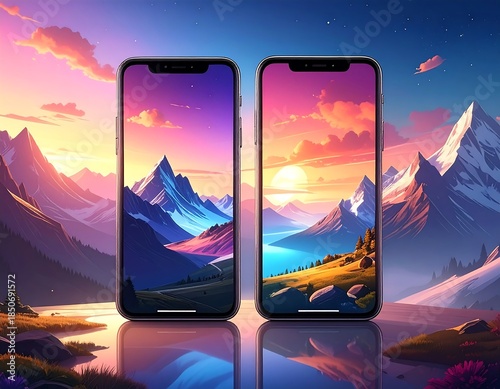 Two mobile devices displaying vibrant sunset mountain landscapes