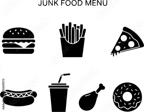 Assorted junk food illustrations displayed on a clean white background