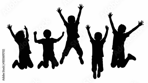 Silhouette of five children jumping joyfully in the air.