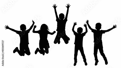 Children Silhouettes Jumping Joyfully Together.