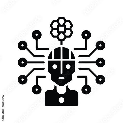 Artificial intelligence icon representing a robot or android head connected to a network, symbolizing data processing and machine learning