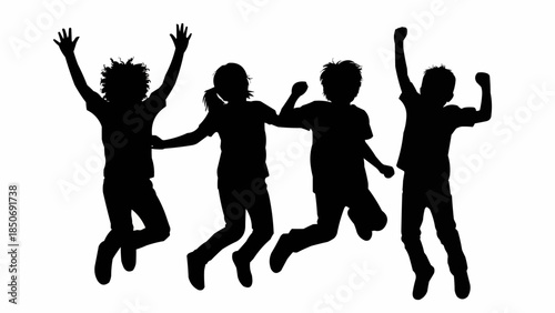 Silhouette of four happy children jumping in the air.