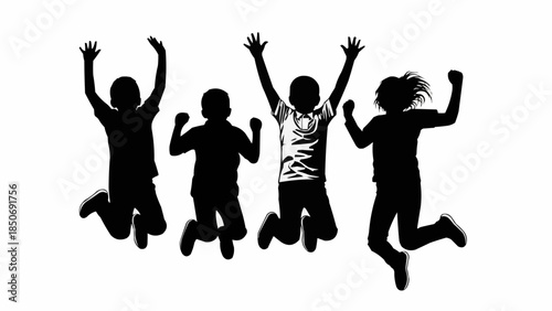 Silhouette of four joyful children jumping in the air.