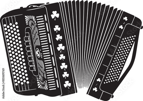 Black and white illustration of an accordion musical instrument