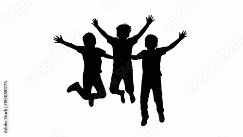 Silhouette of three happy children jumping in the air.