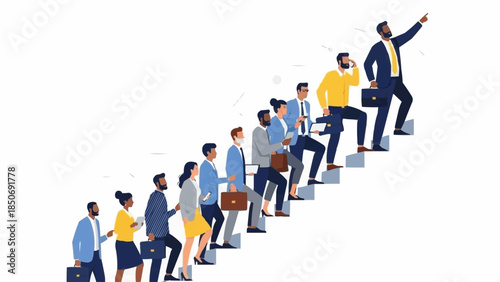 Diverse group of professionals climbing stairs towards success led by a visionary leader.