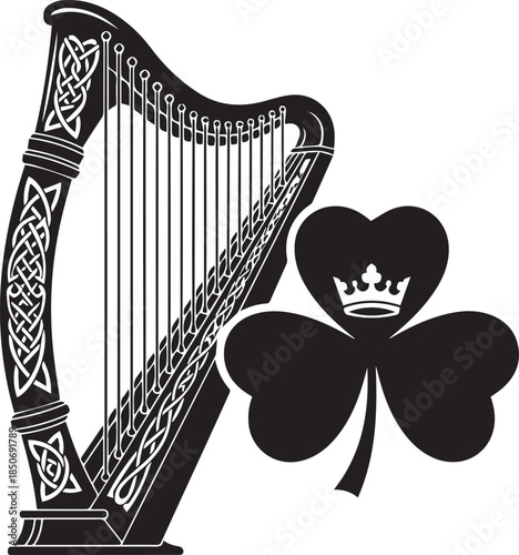 Irish harp and shamrock with crown symbol
