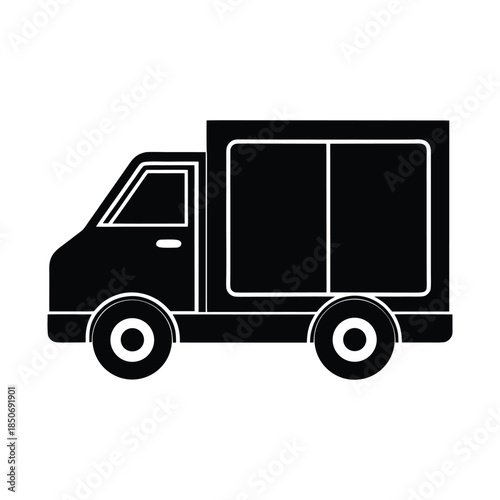 Efficient urban logistics depicted by a minimalist black silhouette of a compact delivery truck, ideal for transport and freight, symbolizing timely distribution and commercial operations