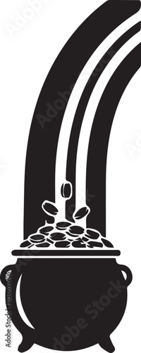 Black and white illustration of a pot of gold at the end of a rainbow