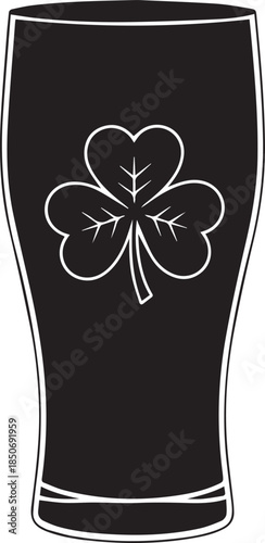 Black silhouette of a pint glass with a shamrock emblem