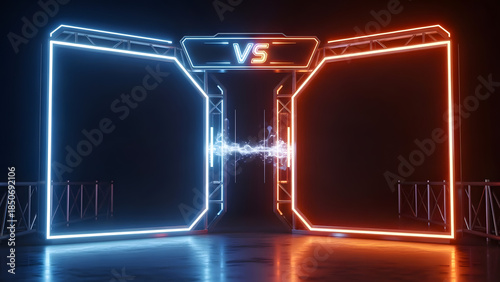 Futuristic Neon Versus Battle Arena Stage with Glowing Digital Frames for Esports Competition