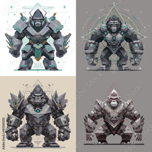Massive stone robotic golem characters illustrated with crystalline armor blending fantasy creatures and futuristic technology for epic game and concept art.