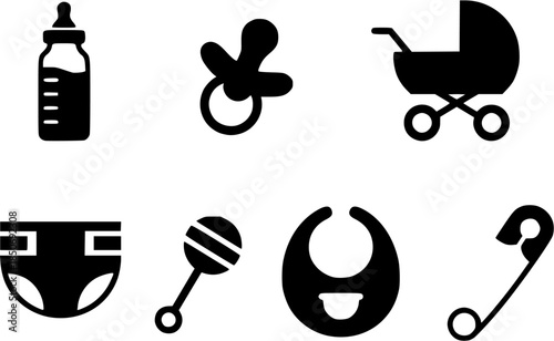 Collection of baby items including feeding bottle, pacifier, stroller, mask, rattle, pacifier holder, and safety pin displayed together